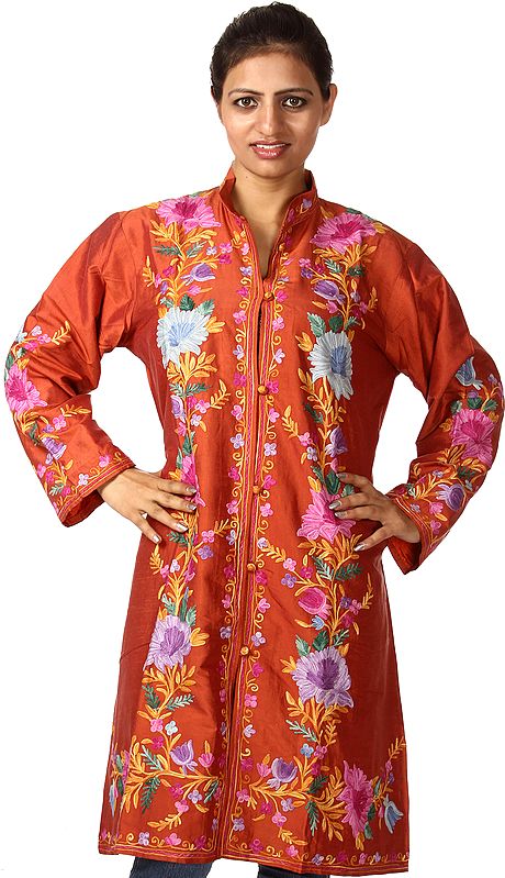 Arabian-Spice Long Kashmiri Jacket with Aari Embroidered Flowers
