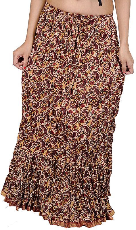 Beige and Red Crushed Skirt with Printed Paisleys and Gota Border