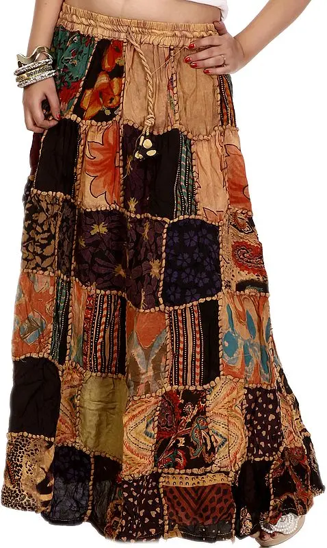 Long Printed Dori Skirt from Gujarat with Patch Work