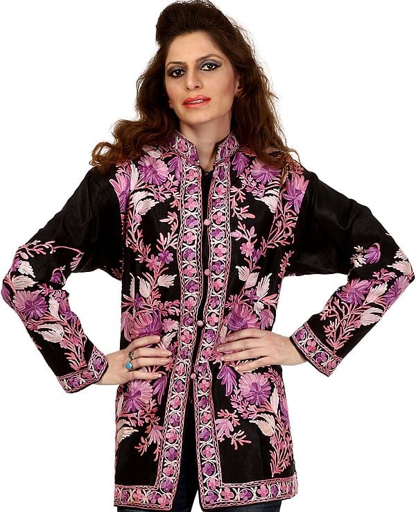 Black Kashmiri Jacket with Aari Embroidered Flowers in Lilac