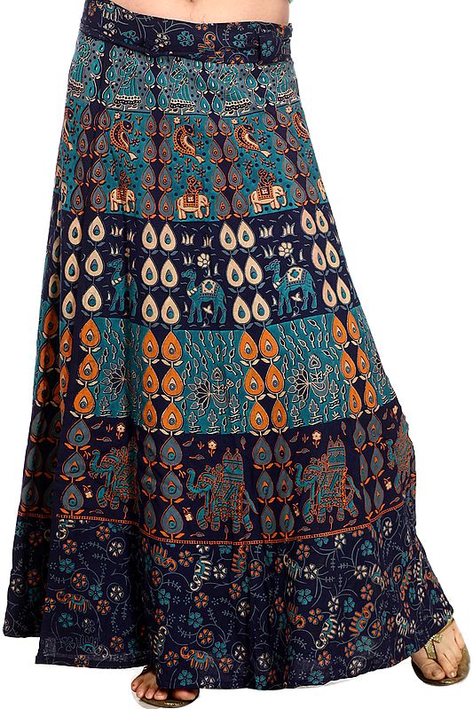 Navy-Blue Wrap-Around Long Skirt with Printed Elephants