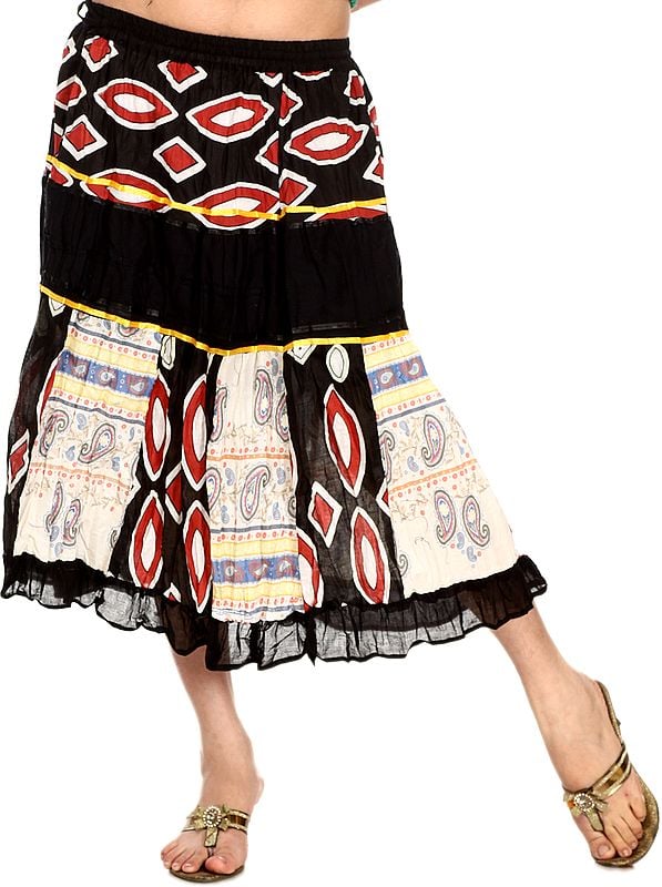 Black Midi-Skirt with Printed Bootis and Patchwork