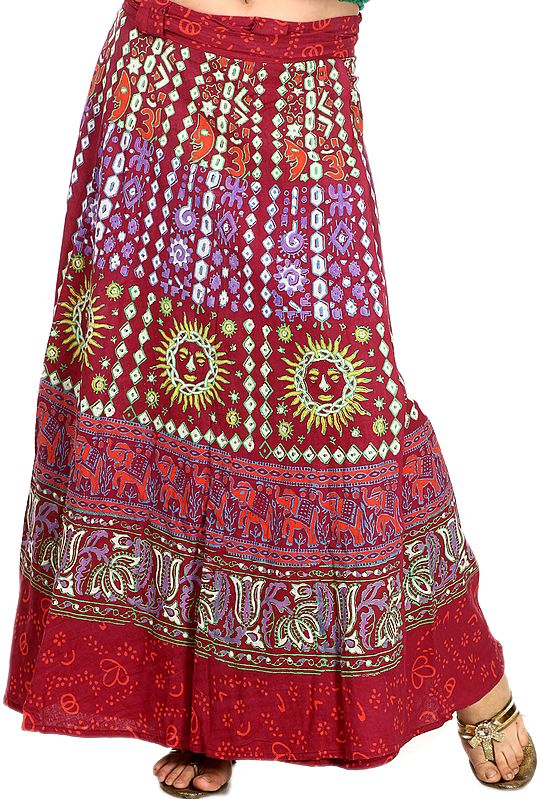 Beaujolais-Red Sanganeri Wrap Around Skirt with Solar Print