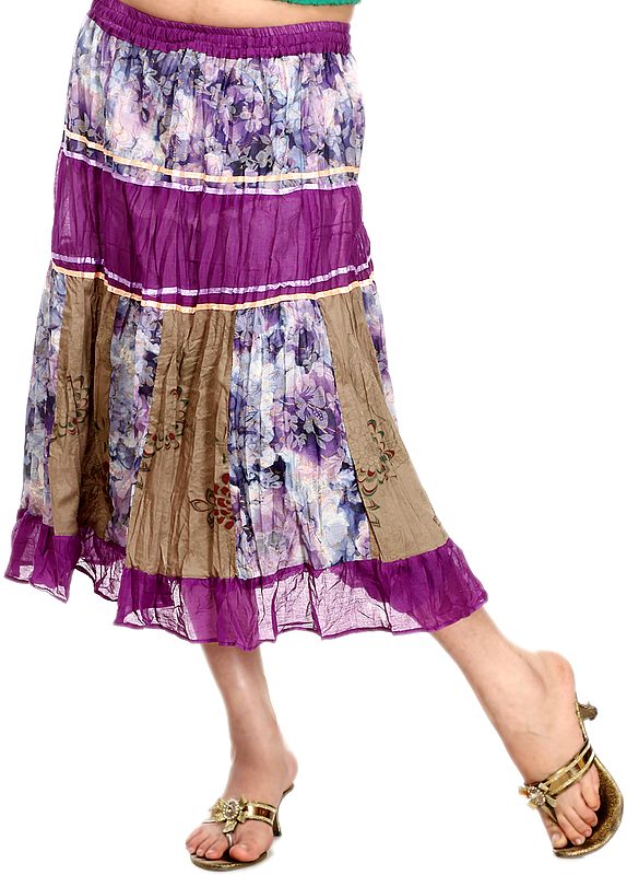 Purple-Magic Midi-Skirt with Printed Flowers and Patchwork