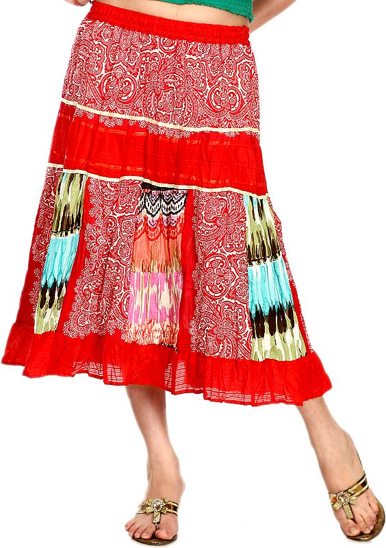 Tomato-Red Midi-Skirt with Modern Print and Patchwork