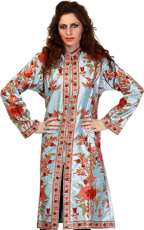 Dream-Blue Long Kashmiri Jacket with Aari Embroidered Flowers All-Over