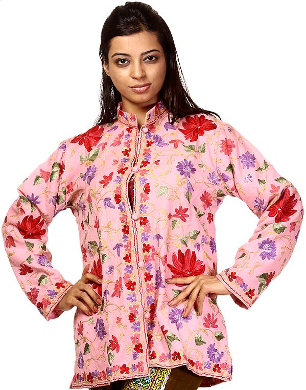Bridal-Rose Kashmiri Jacket with Crewel Embroidered Flowers