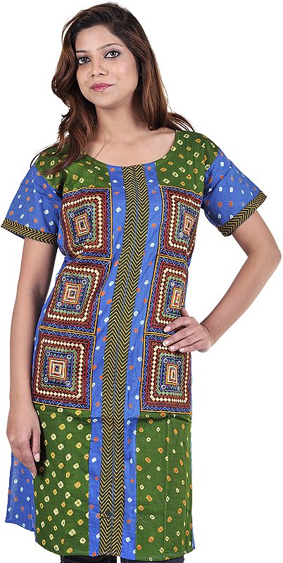 Juniper-Green and Blue Bandhani Tie Dye Kurti from Gujrat with Multi-Color Thread Embroidery and Mirrors