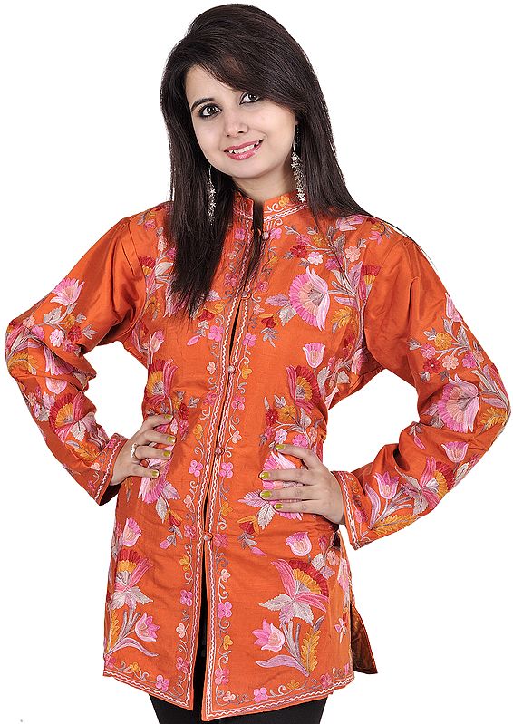 Jaffa-Orange Kashmiri Jacket with Aari Embroidered Flowers All-Over