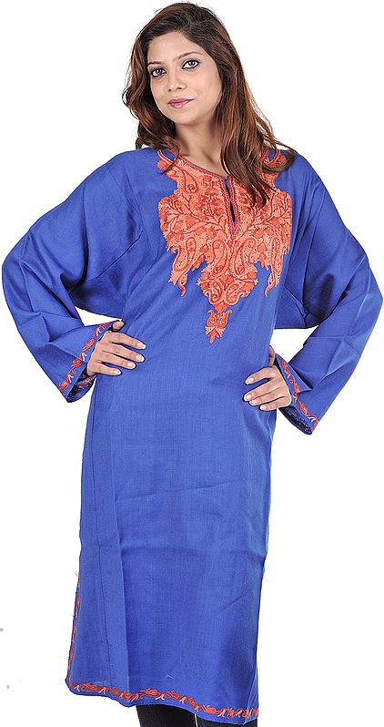 Dazzling-Blue Kashmiri Phiran with Aari Embroidered Paisleys on Neck