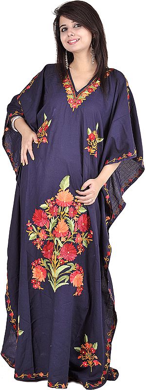 Midnight-Blue Kashmiri Kaftan with Aari Embroidered Flowers
