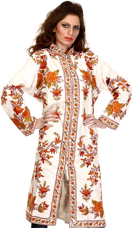 Ivory Long Kashmiri Jacket with Aari Embroidered Flowers