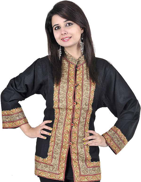Black Kashmiri Jacket with Hand Embroidered Paisleys and Flowers on Borders