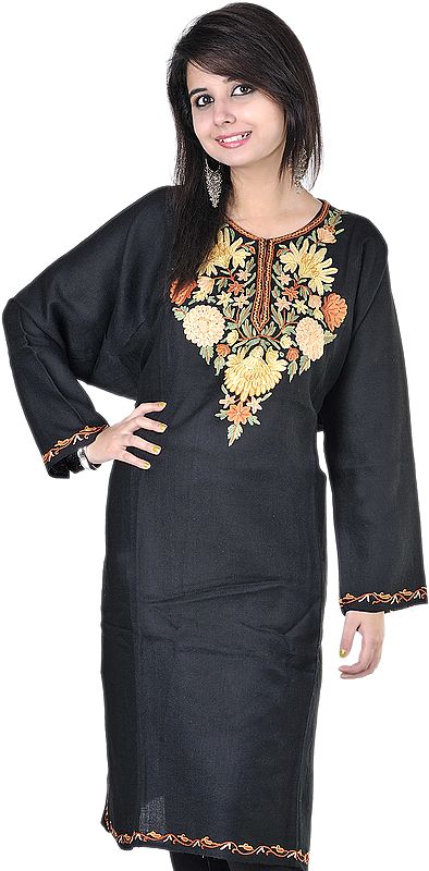 Black Kashmiri Phiran with Large Aari Embroidered Flowers by Hand