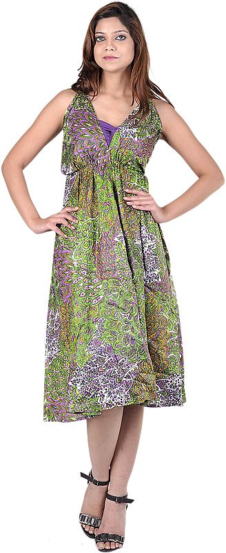 Green and Purple Halter Neck Summer Dress with Printed Flowers