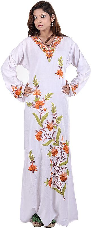 White Kashmiri Long Gown with Large Aari Embroidered Flowers