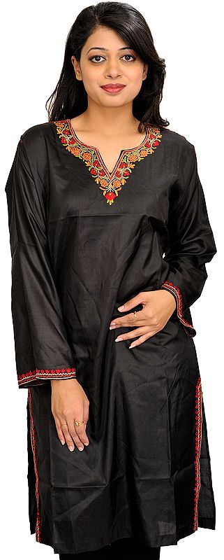 Phantom-Black Plain Long Kurti from Kashmir with Floral Hand-Embroidery on Neck