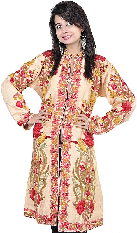 Fawn Long Kashmiri Jacket with Aari Embroidered Flowers All-Over