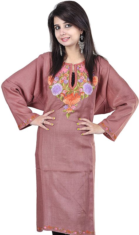 Chestnut Kashmiri Phiran with Hand Embroidered Flowers on Neck and Border
