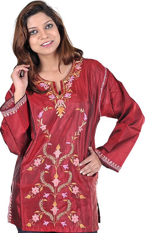 Wine-Red  Kashmiri Kurti with Hand Embroidered Flowers