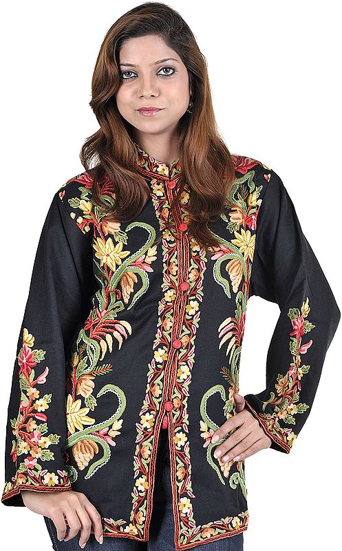 Black Kashmiri Jacket with Floral Aari-Embroidery by Hand