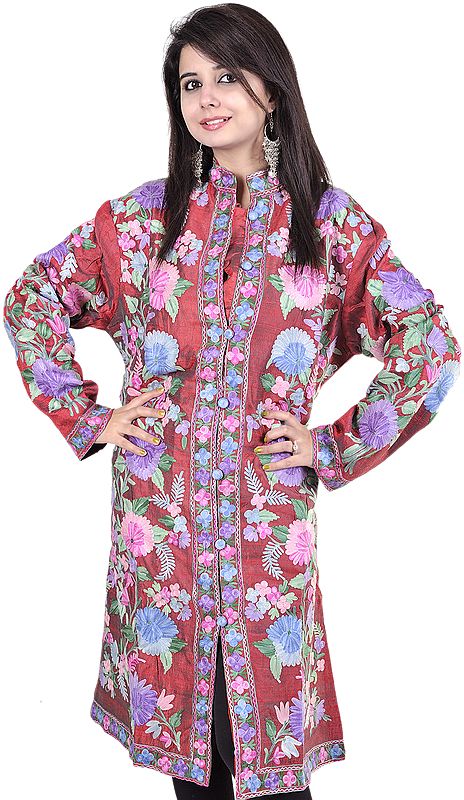 Pompeian-Red Long Kashmiri Jacket with Aari Embroidered Flowers All-Over