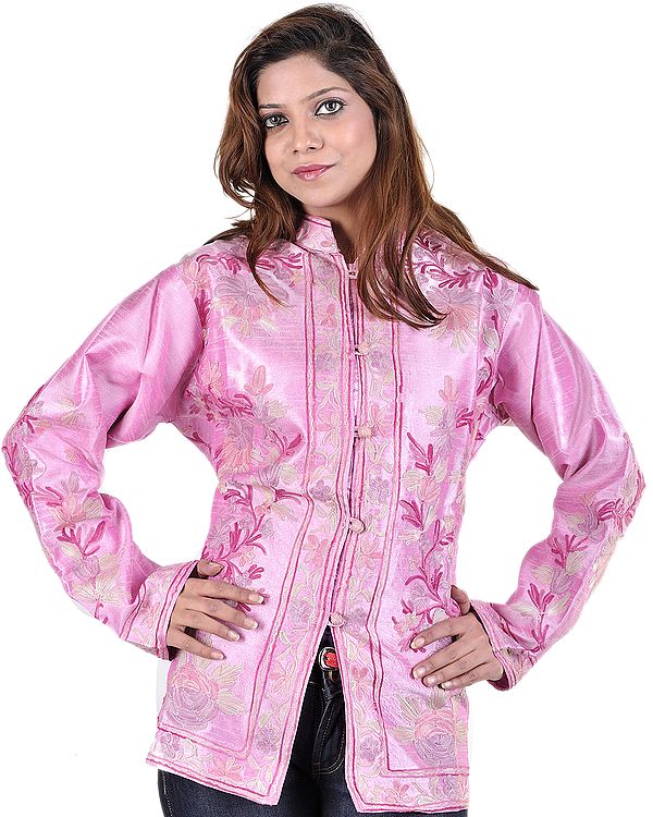 LavenderPink Kashmiri Jacket with Aari Embroidered Flowers All-Over