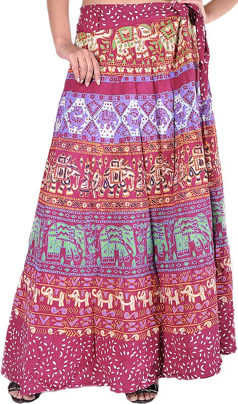 Ochre-Red Wrap-Around Long Skirt with Printed Elephants