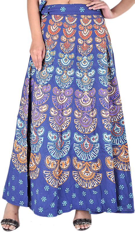 Vivid-Blue Wrap-Around Long Skirt with Printed Floral Motiffs