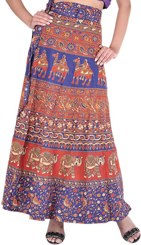 Navy-Blue Wrap-Around Long Skirt with Printed Camels and Elephants