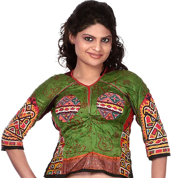 Antique-Green Backless Choli from Kutch with Antiquated Rabari Embroidery