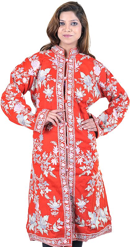 Flame Scarlet-Red Long Kashmiri Jacket with Aari Embroidered Flowers All-Over