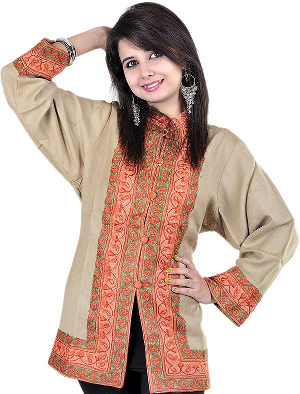 Moss-Gray Kashmiri Jacket with Hand Embroidered Paisleys