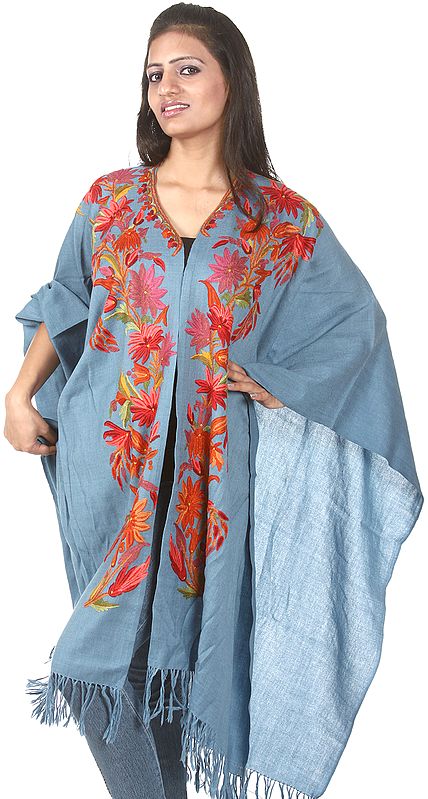 Blue-Heaven Kashmiri Cape with Hand Embroidered Flowers