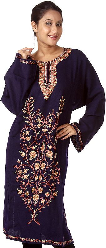 Navy-Blue Kashmiri Phiran with Hand Embroidered Paisleys on Front