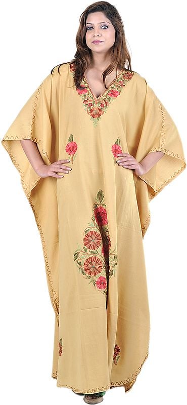 Golden Apricot Kashmiri Kaftan with Aari-Embroidered Flowers All-Over