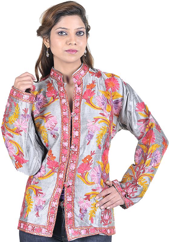 Smoke-Gray Kashmiri Jacket with Hand Embroidered Flowers