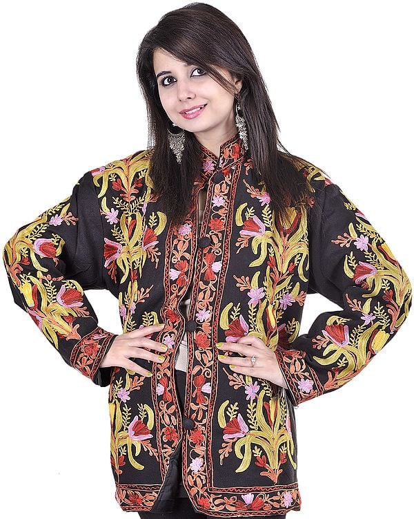 Black Kashmiri Jacket with Embroidered Flowers All-Over