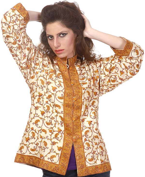 Beige Kashmiri Jacket with Hand Embroidered Paisleys All-Over