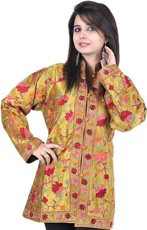 Old-Gold Jacket from Kashmir with Embroidered Flowers All-Over