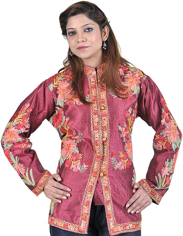 Cerise Kashmiri Jacket with Crewel Embroidered Flowers
