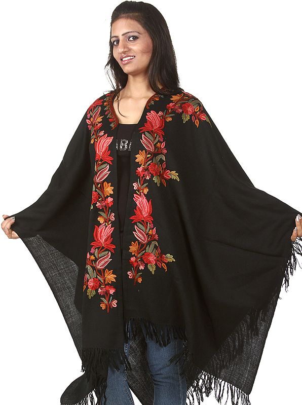 Black Cape from Kashmir with Hand Embroidered Flowers
