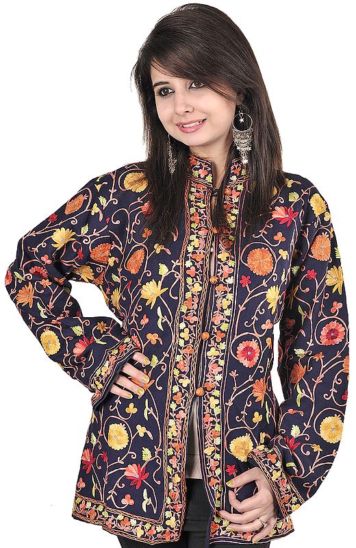 Midnight-Blue Kashmiri Jacket with Aari Embroidered Flowers All-Over