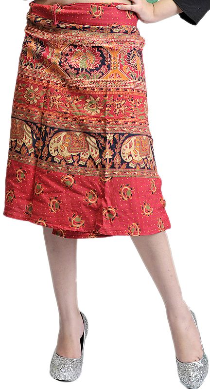 Scarlet Sanganeri Wrap-On Mini-Skirt with Printed Elephants and Skirts