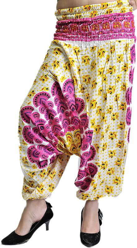 Cream and Fuchsia Harem Trousers with Printed Motiffs