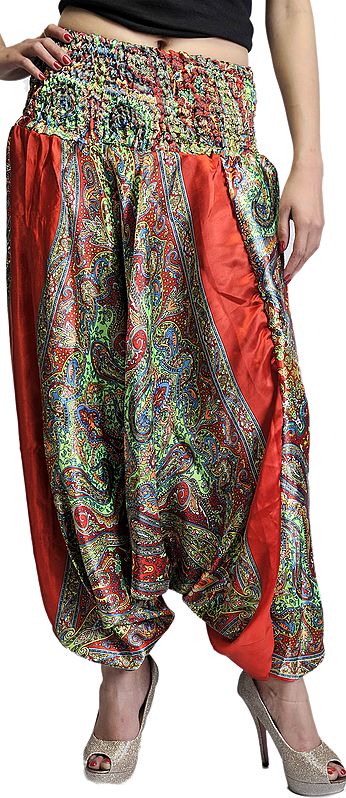Red and Green Harem Pants with Printed Paisleys
