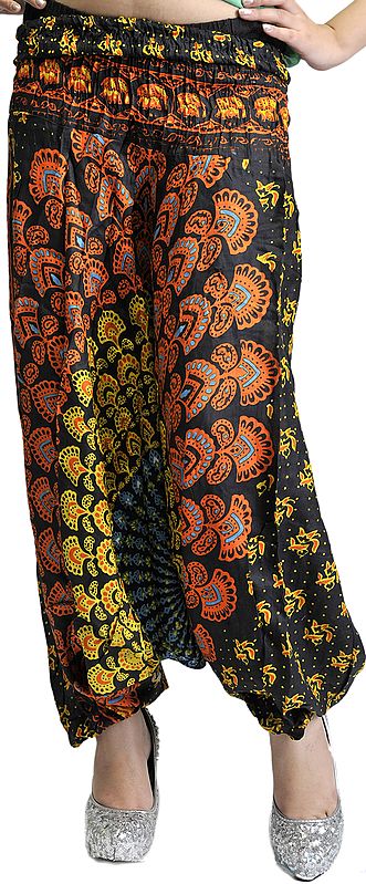 Black Harem Trousers with Printed Motifs