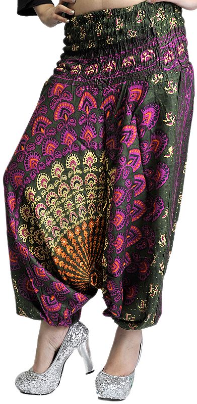 Deep-Green Harem Trousers with Printed Motifs | Exotic India Art
