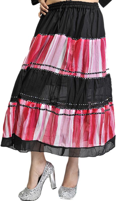 Black and Red Shaded Midi-Skirt with Embroidered Sequins