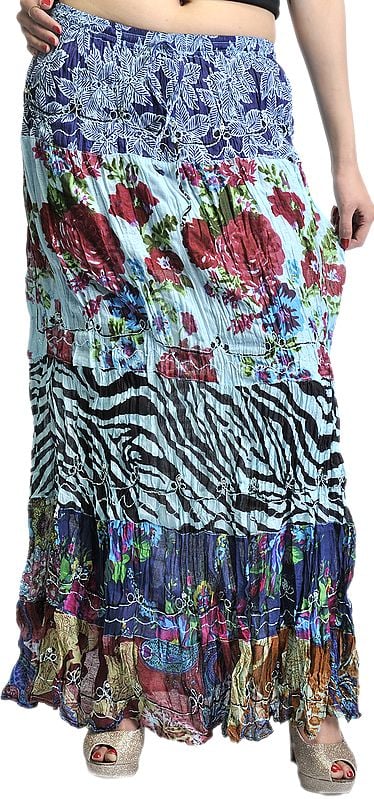 Blue Crushed Elastic Skirt with Floral Print